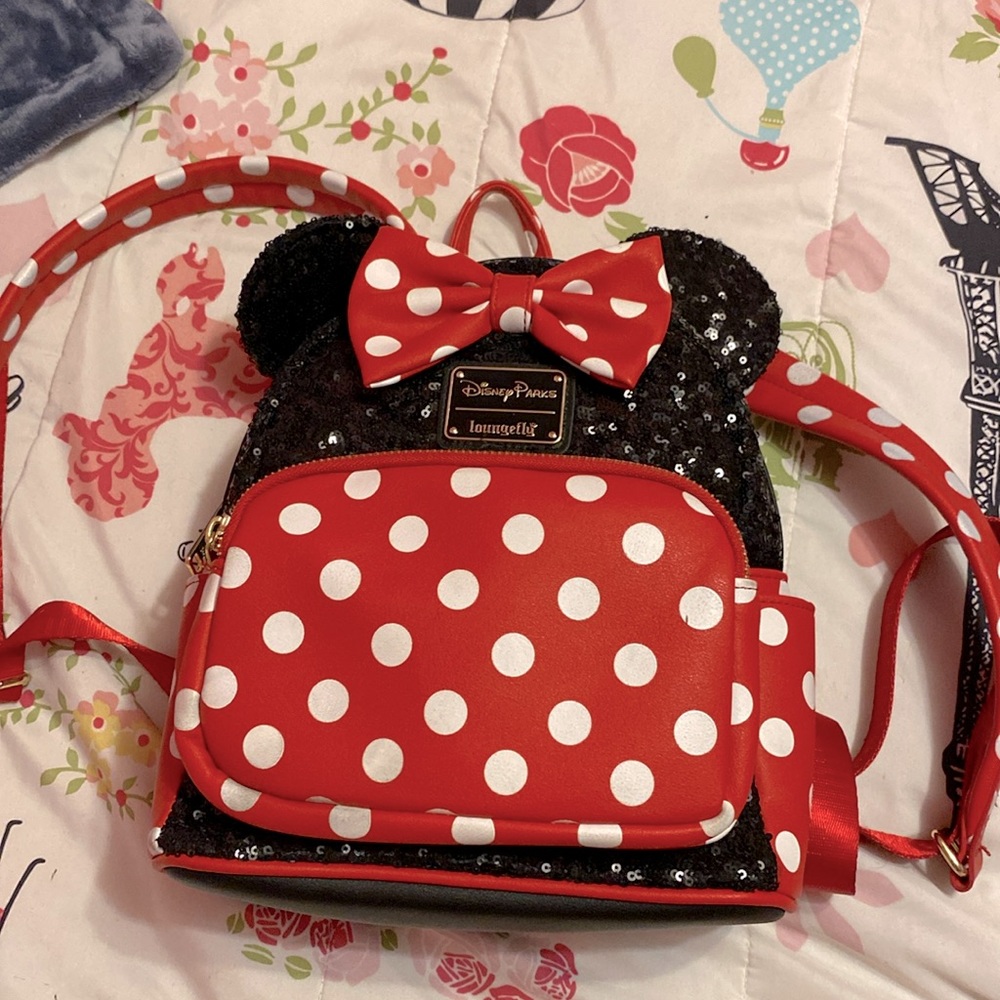 Minnie, mouse, Minnie, backpack, red, and black with white polkadots